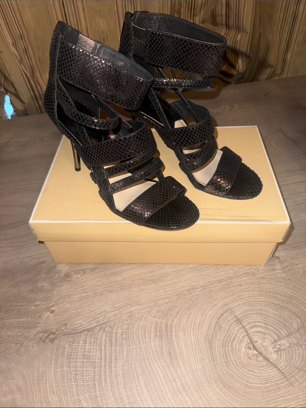 Michael Kors  Strappy Black Snake-Texture High Heel Sandals color, Nickel